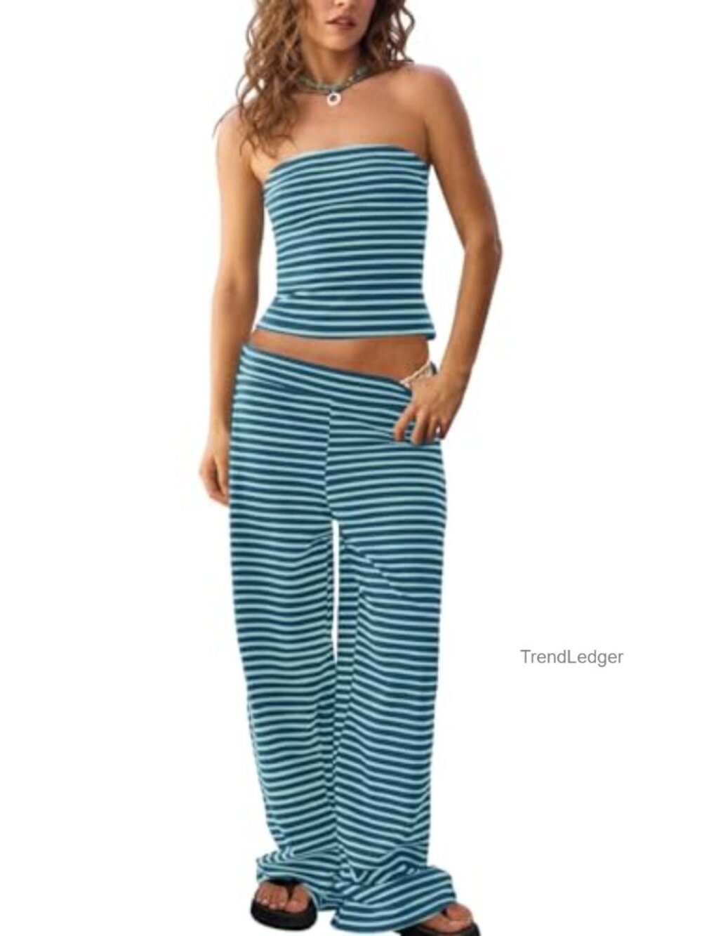 Women's Striped 2 Piece Set Tube Top & Wide Leg Pants Lounge Set